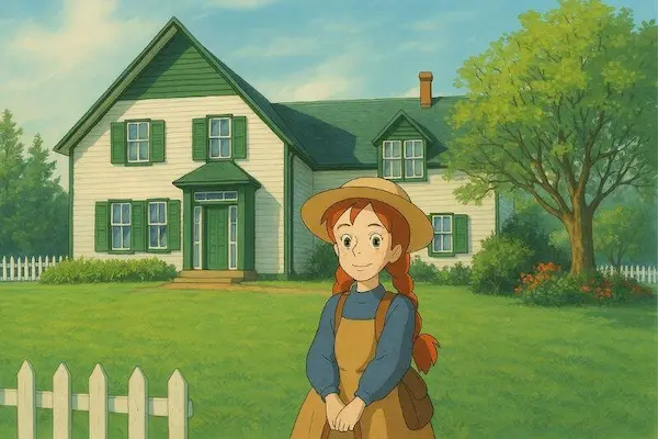 애니메이션 스타일로 표현된 Anne of Green Gables와 Green Gables 하우스 일러스트