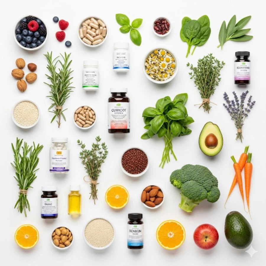 깨끗한 흰색 배경 위에 갱년기 건강에 좋은 영양제 병들과 로즈마리, 아보카도, 베리류 등 건강한 음식들이 보기 좋게 배치된 모습