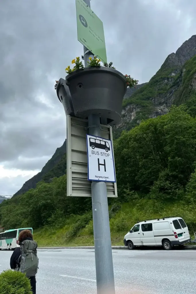 내뢰피오르드 크루즈 도착 후 플롬이나 보스 등 다른 도시로 이동하기 위해 버스를 기다리는 구드방겐 버스 정류장