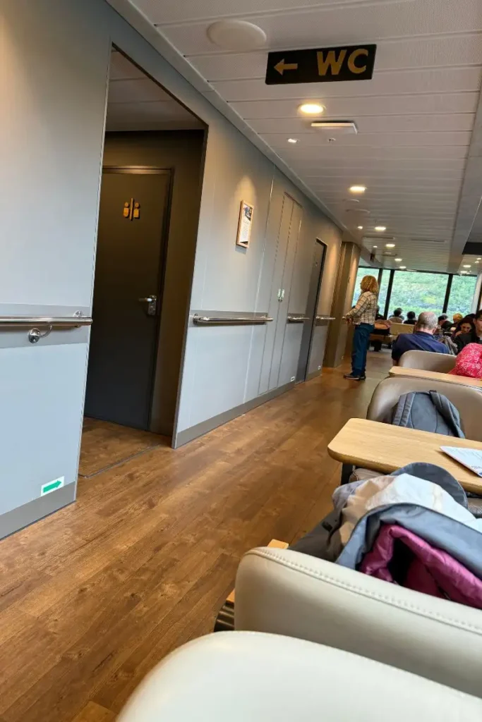 통유리창으로 피오르드 풍경을 감상할 수 있는 내뢰피오르드 크루즈의 현대적이고 쾌적한 실내 라운지