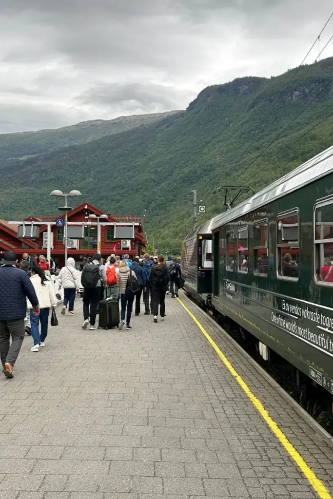 뮈르달역 플랫폼에 내리는 여행객들의 모습