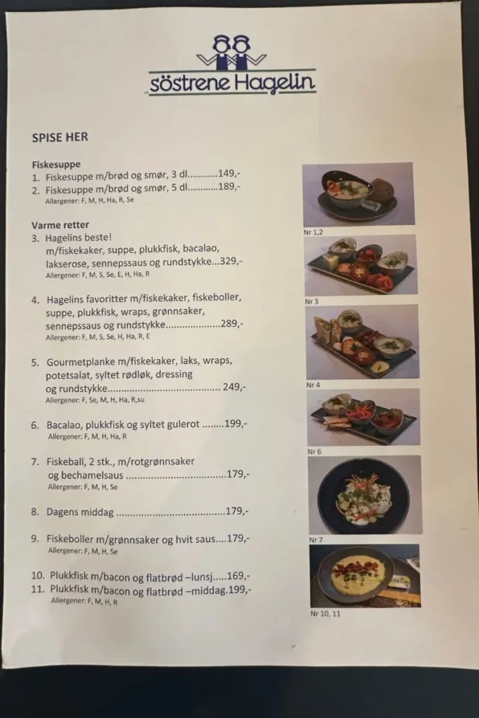노르웨이 베르겐 맛집 Søstrene Hagelin의 피쉬수프, 피쉬케이크 등 메뉴와 가격이 적힌 메뉴판