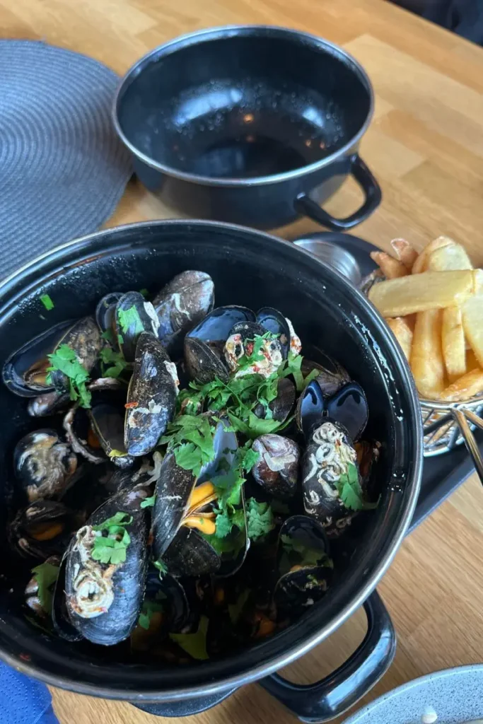 노르웨이 '뢰드 레스토랑 앤 바(Rød Restaurant and Bar)'에서 주문한 '블루 머슬(홍합찜)'. 검은색 냄비 가득 담긴 신선한 홍합들이 크림 혹은 토마토소스 국물과 함께 먹음직스럽게 요리되어 있다.