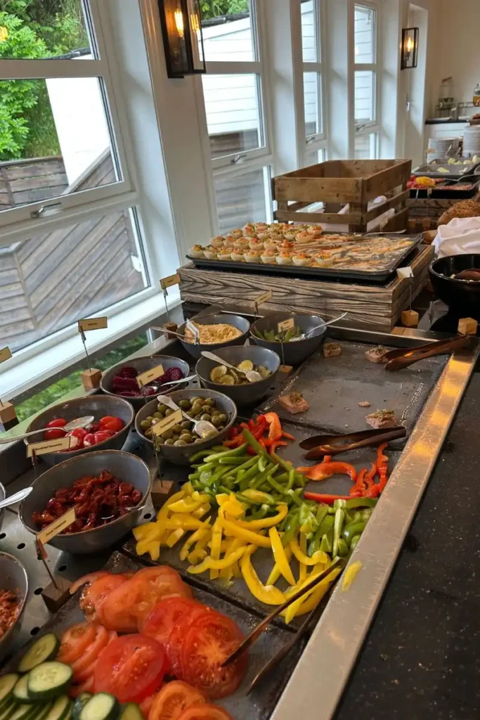 그란데 피오르드 호텔 조식 뷔페 샐러드 바에 진열된 토마토, 파프리카 등 색색의 신선하고 다양한 야채들