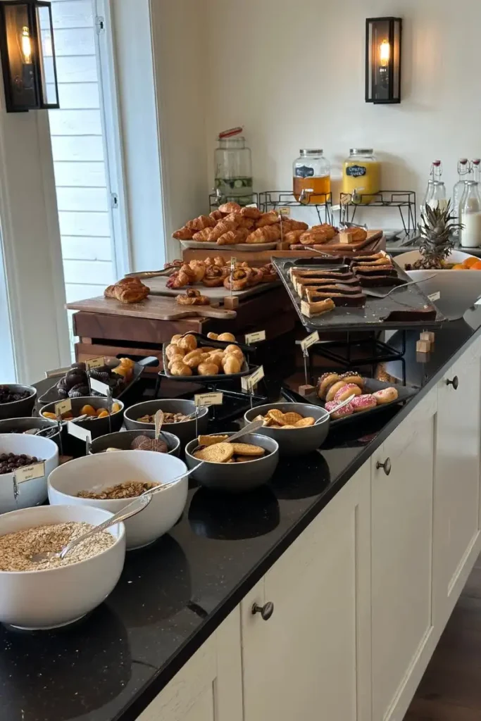 그란데 피오르드 호텔 조식 뷔페 코너에 진열된 갓 구운 크루아상과 다양한 종류의 먹음직스러운 페이스트리 빵들