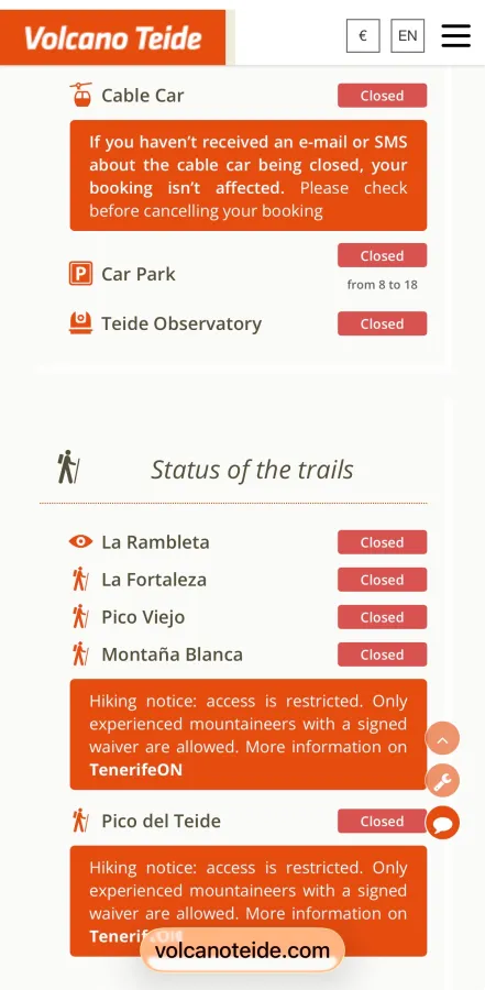 Mt Teide cable car status update on the official website for Tenerife travel review