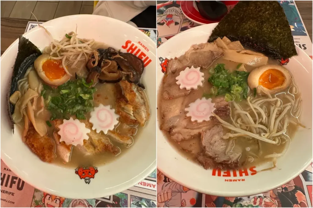 Tonkotsu ramen and fried chicken ramen at Ramen Shifu for Tenerife travel review