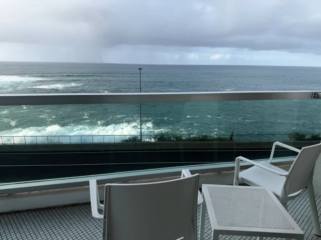 Tenerife travel review, breathtaking panoramic view of the blue Atlantic Ocean from the hotel room balcony.