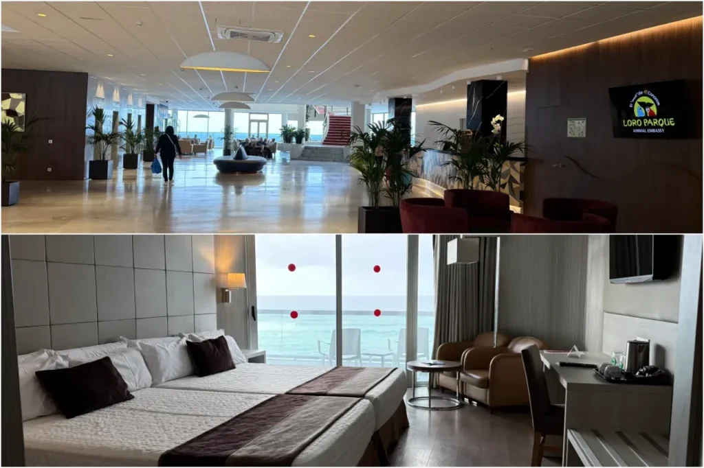 enerife travel review, a collage showing the elegant hotel lobby and the cozy, spacious bedroom at Best Semiramis.