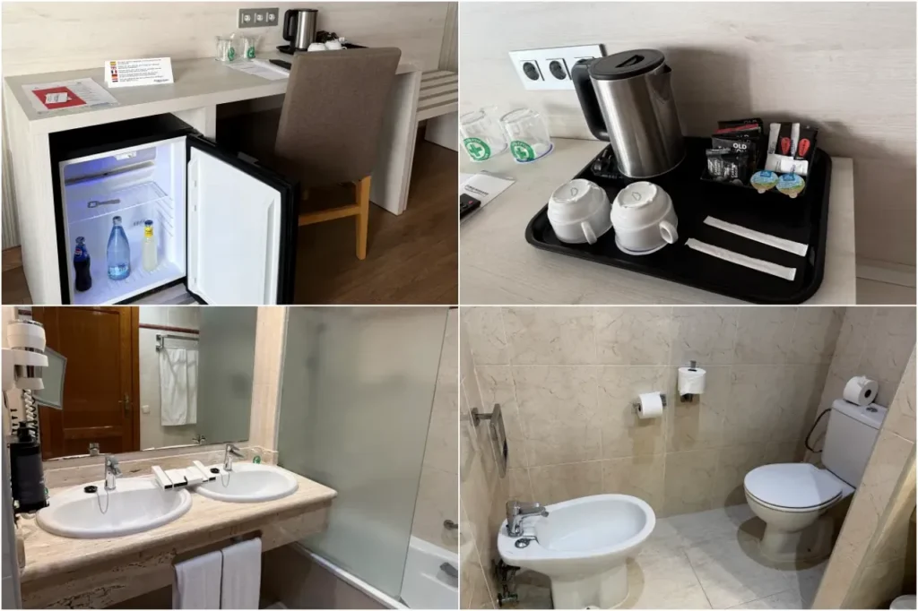 Tenerife travel review, convenient room amenities including a clean bathroom, mini-fridge, and coffee-making kettle at Best Semiramis.