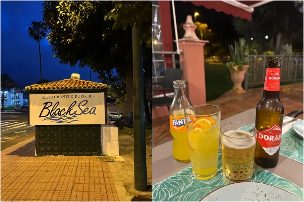 Tenerife travel review, the vibrant sign of Black Sea restaurant paired with a refreshing glass of local Dorada beer.