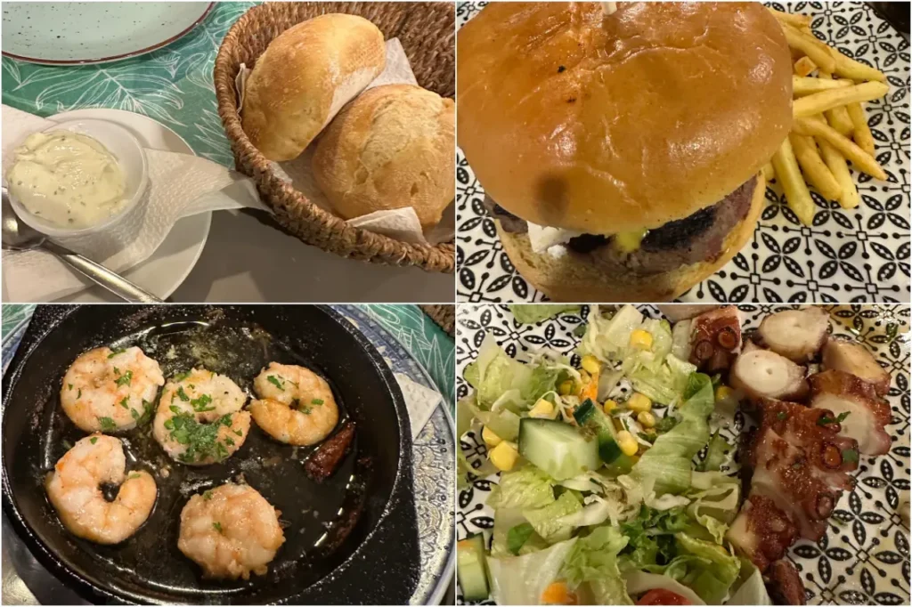 Tenerife travel review, a delicious culinary collage of a juicy hamburger, tender Canary-style grilled octopus, and sizzling garlic shrimp gambas.