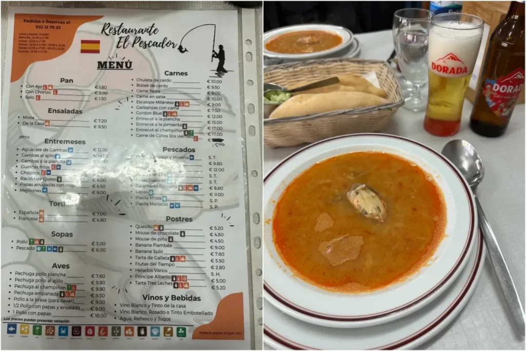 Tenerife travel review, a mouth-watering dinner plate filled with fresh Atlantic seafood prepared in local style.
