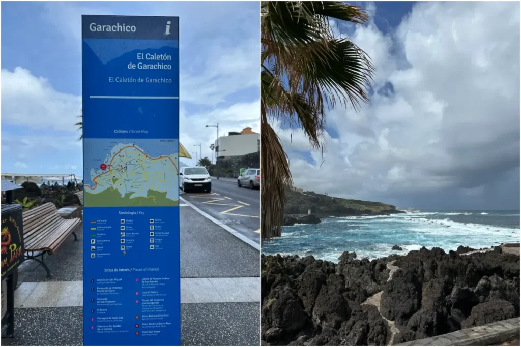 Tenerife travel review, a distinctive directional sign guiding visitors to the famous natural volcanic sea pools.