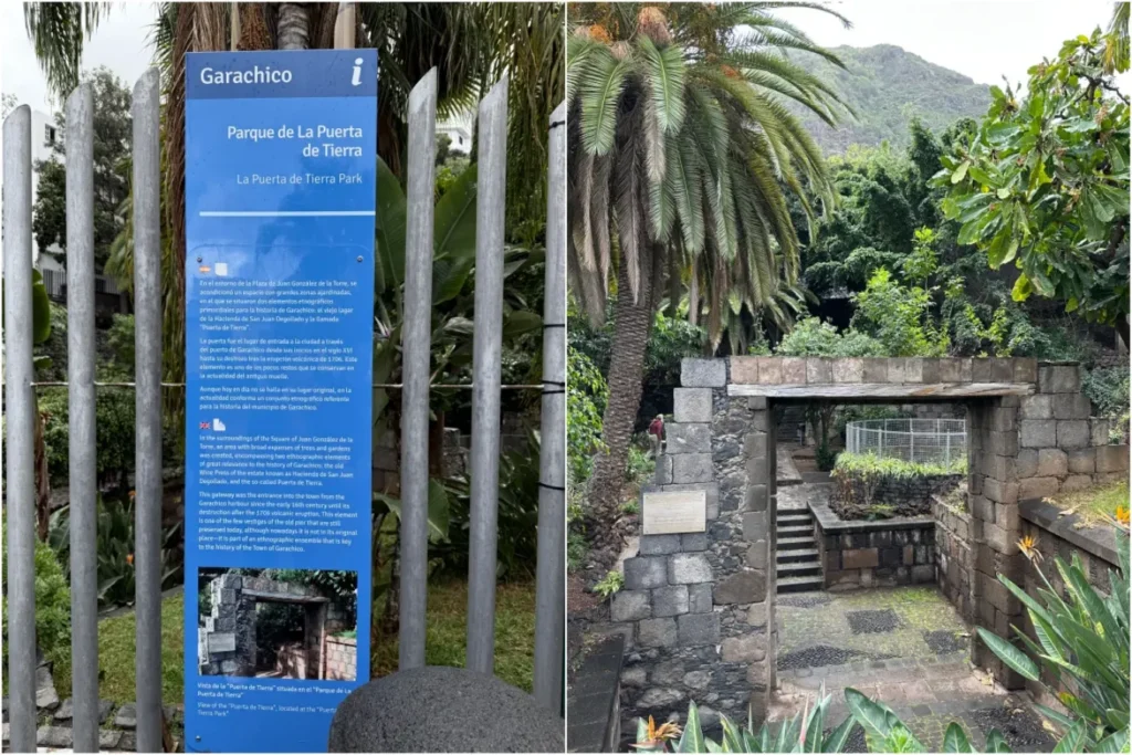 Tenerife travel review, the stone entrance gate leading into the peaceful and green La Puerta Park.