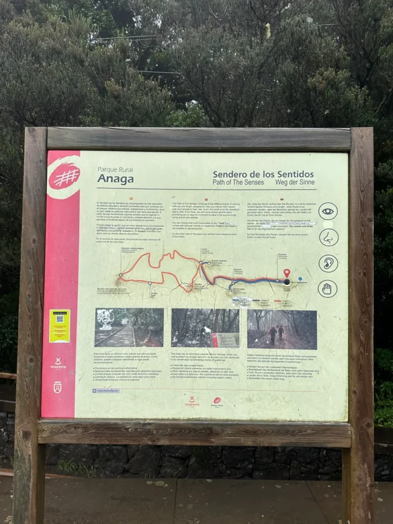 아나가 국립공원 여행 대표 트레일, 감각의 길 (Sendero de los Sentidos) 시작점 표지판